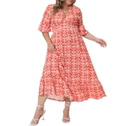 Agnes Orinda Women's Plus Size Dress Bell Short Sleeve V Neck Boho A Line Long Dresses 1X Red